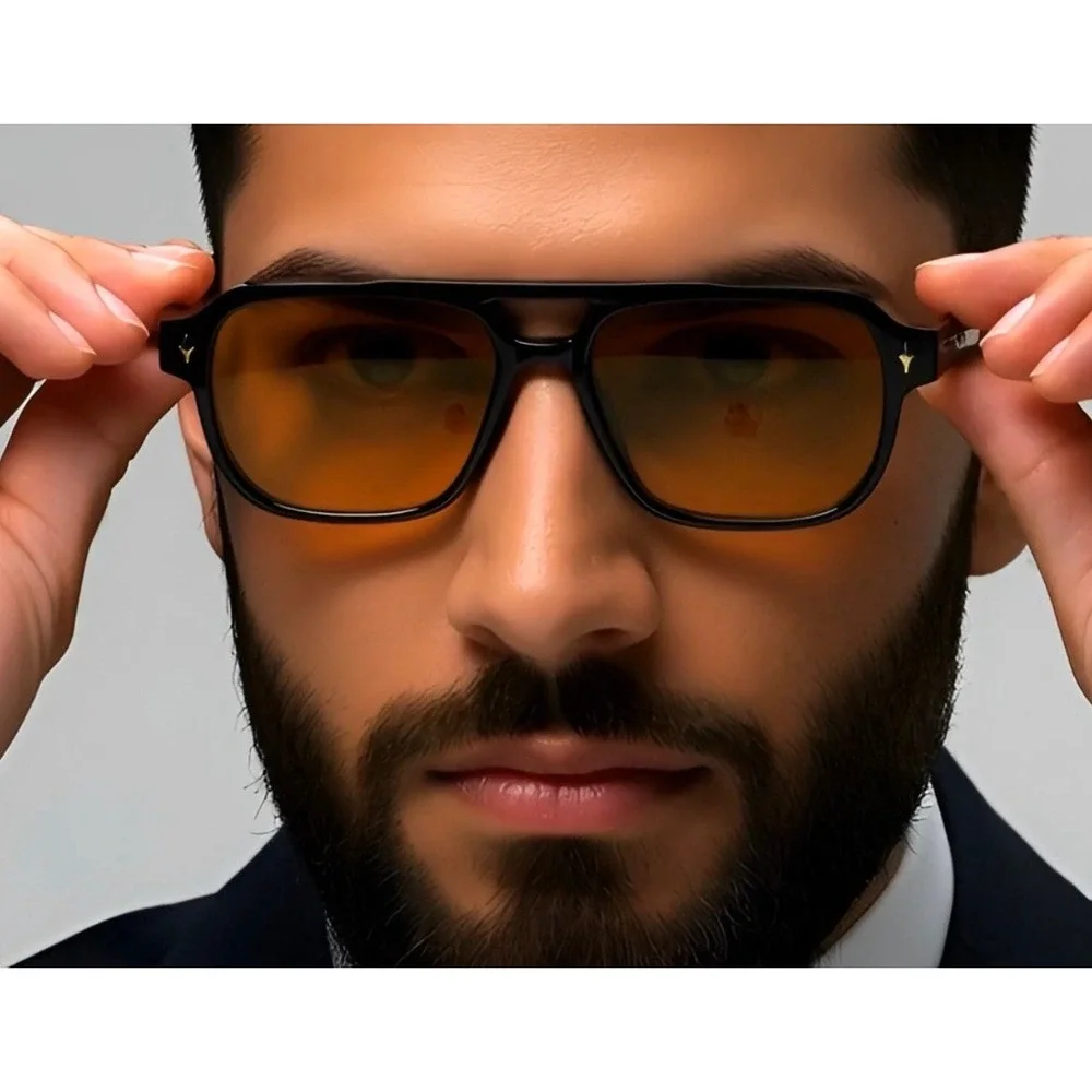 Mens‎ Square Fashion Sunglasses Black Frame Yellow Tinted Lens Retro Streetwear